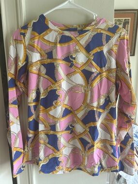 Women's Long Sleeve Chain-Print Tee in Pink, Blue & White